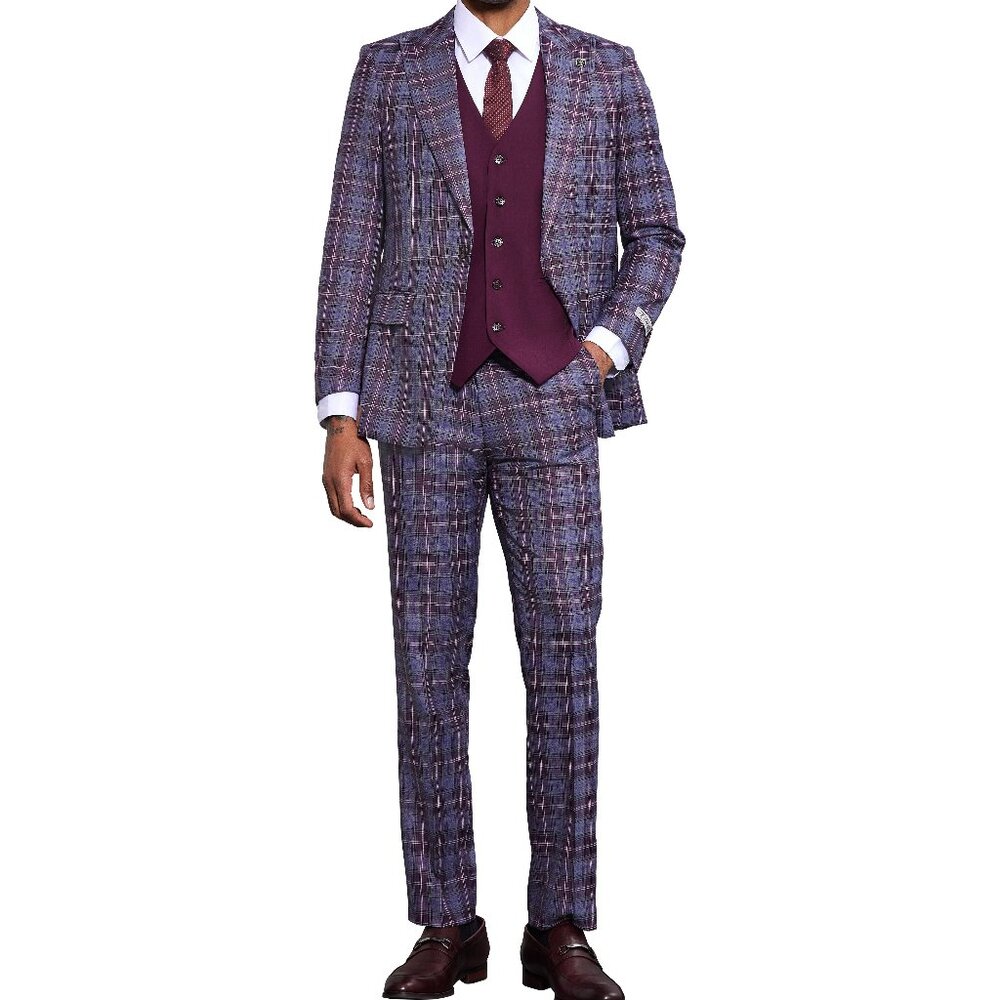 Wine/Grey Plaid 3 Piece Stacy Adams Men's Suit